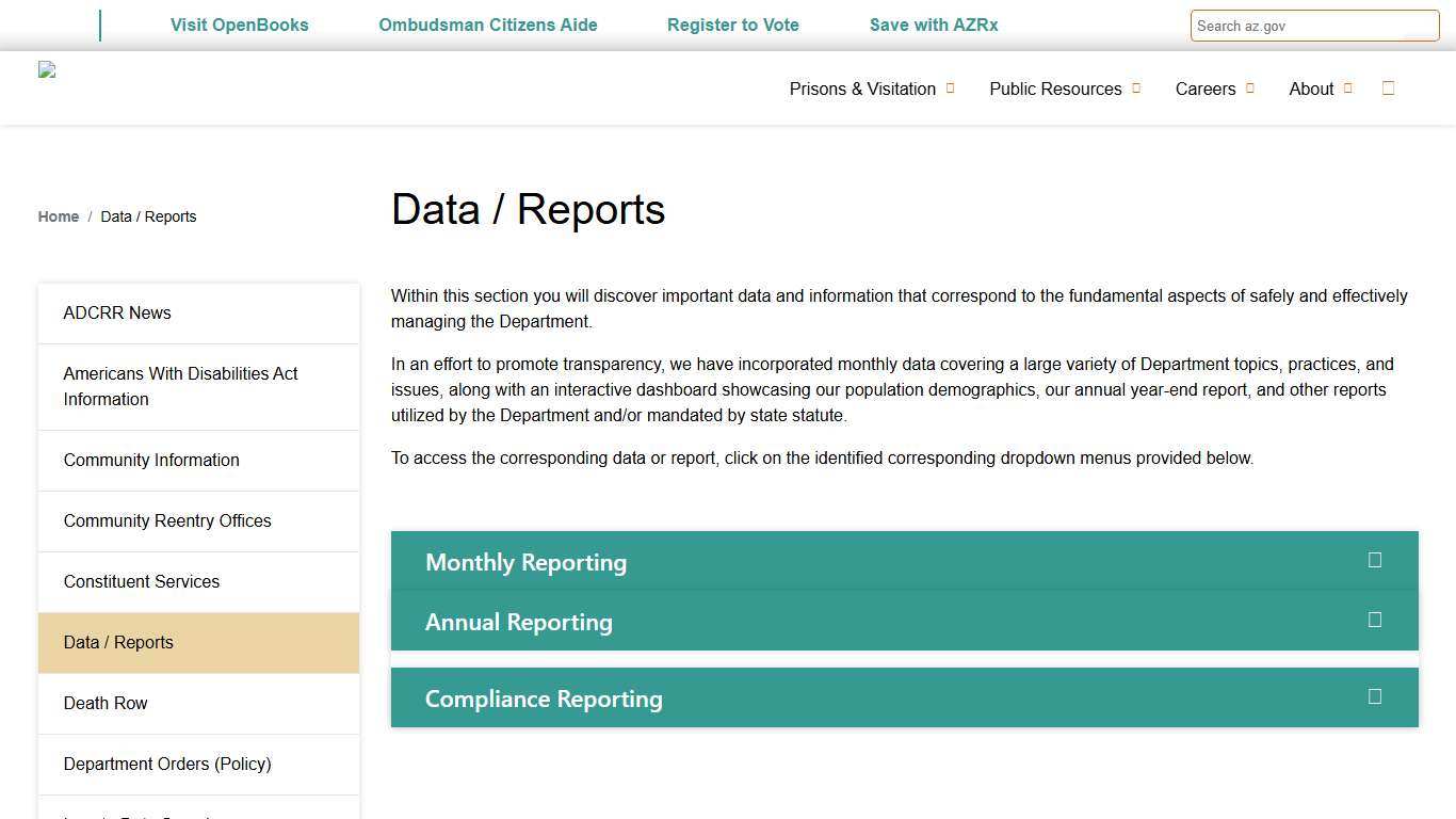 Data / Reports Arizona Department of Corrections, Rehabilitation & Reentry